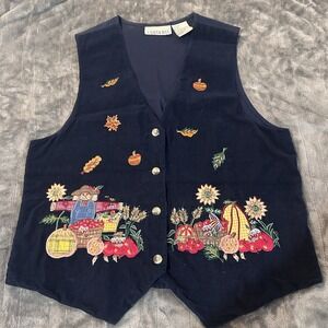 Vtg Casey & Max Blue Embroidered Vest  Corduroy‎ Fall Scarecrow Leaves Sz Medium